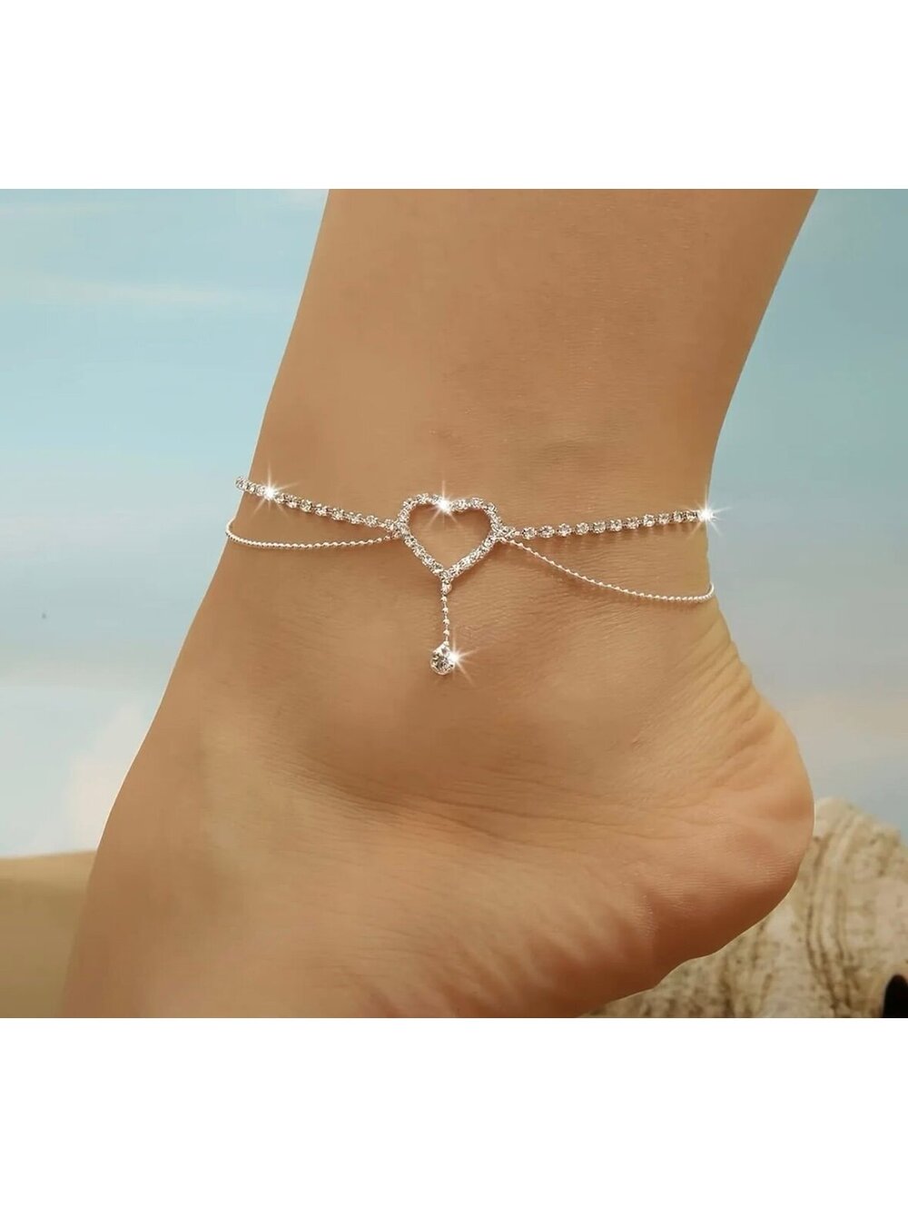 New - Elegant Multi Layer Heart Tassel Zirconia Tennis Ankle Bracelet